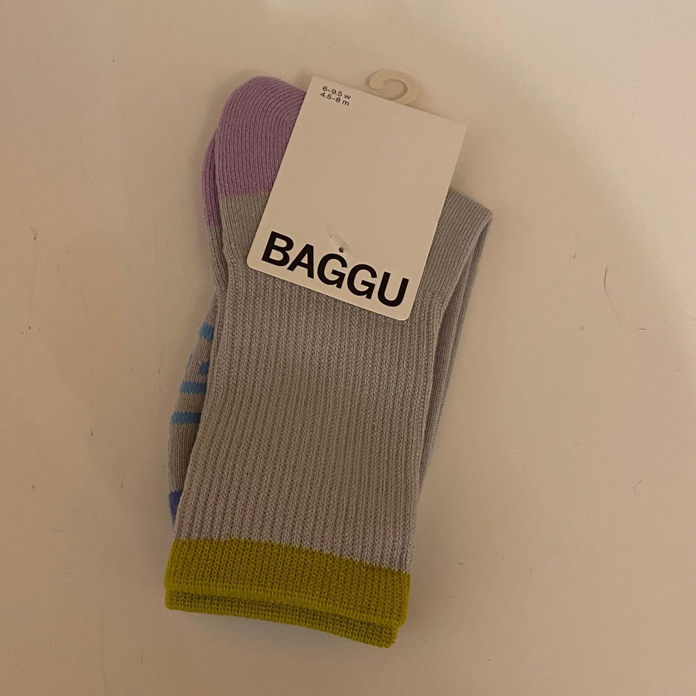 Baggu Crew Socks Grey Purple Chartreuse Colorblock Ribbed Knit Womens 6-9.5 NEW